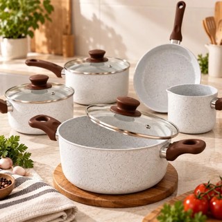 Jogo Kit 5 Panelas Cerâmicas Antiaderentes Indução Fundo Triplo PFOA Tampa de Vidro Cooktop Gás Elétrico Frigideira Caça