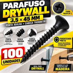 Kit Parafuso Drywall Trombeta 3,5 X 45 100 pçs Ponta Agulha