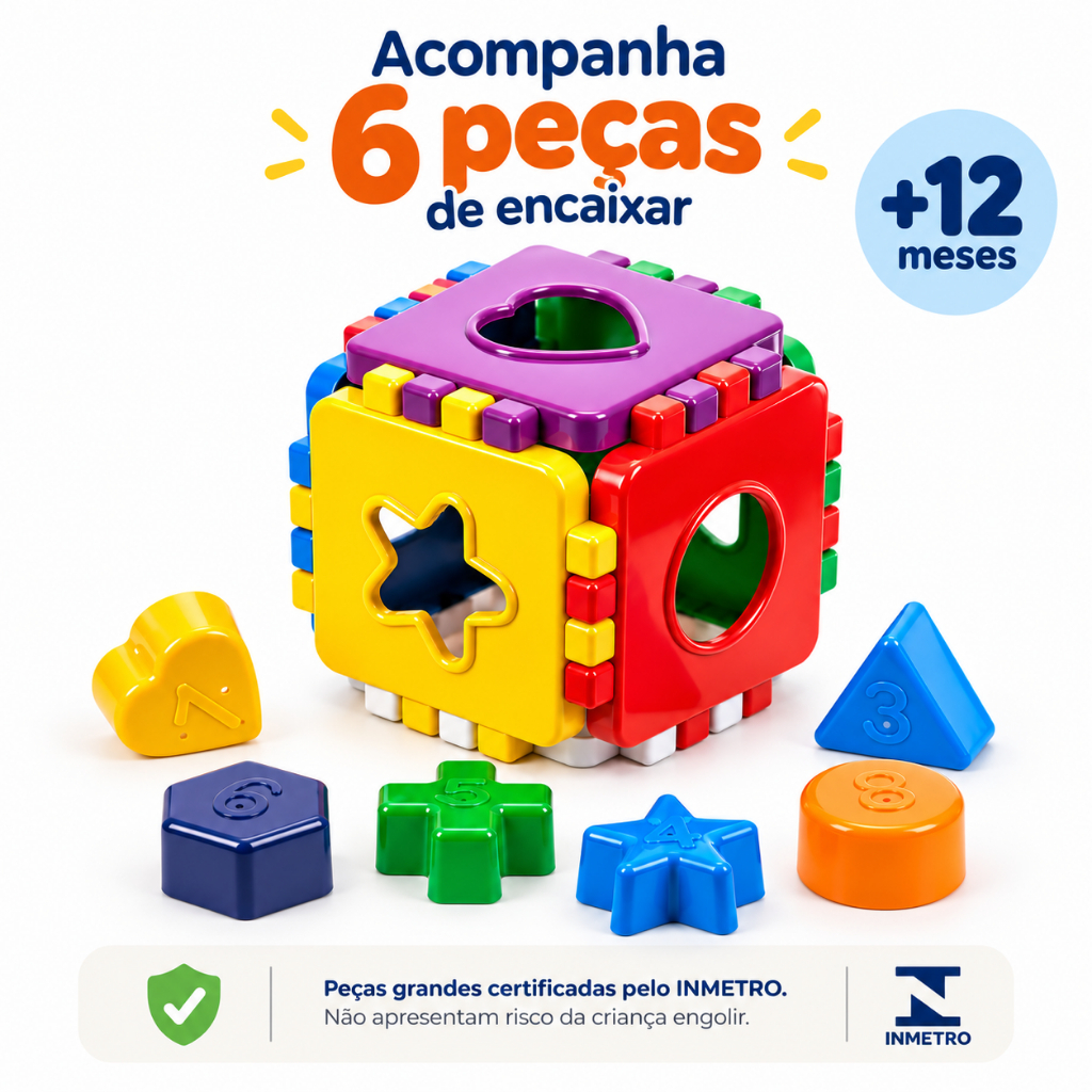 Cubo Educativo Baby Didático com 6 Peças de Montar e Encaixar Crianças 1 ano - INMETRO - QUEEN SHOP