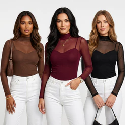 BLUSA DE TULE MANGA LONGA MALHA TRANSPARENTE SEM SUTIÃ MODA CASUAL TENDENCIA