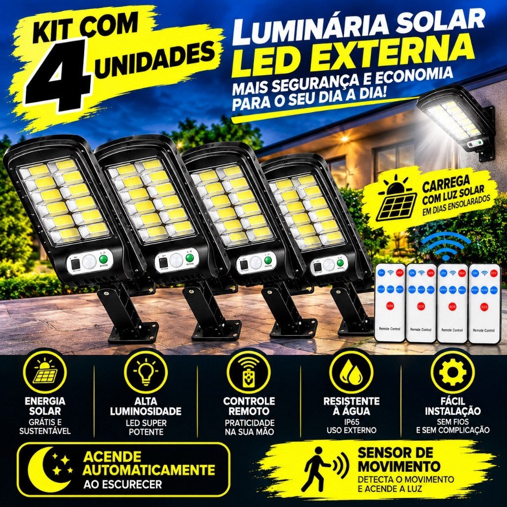 Kit com 4 Refletores Solares LED de 600W para Jardim Sensor de Presença e Controle Remoto