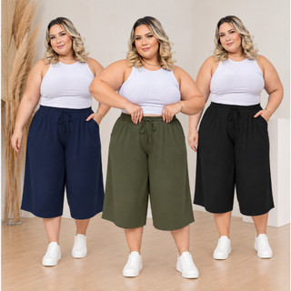 PANTACOUR PLUS SIZE feminino liso tecido duna G1 G2 G3 Calça Pantacourt Plus Size Feminina Lisa Tecido Duna com Bolsos