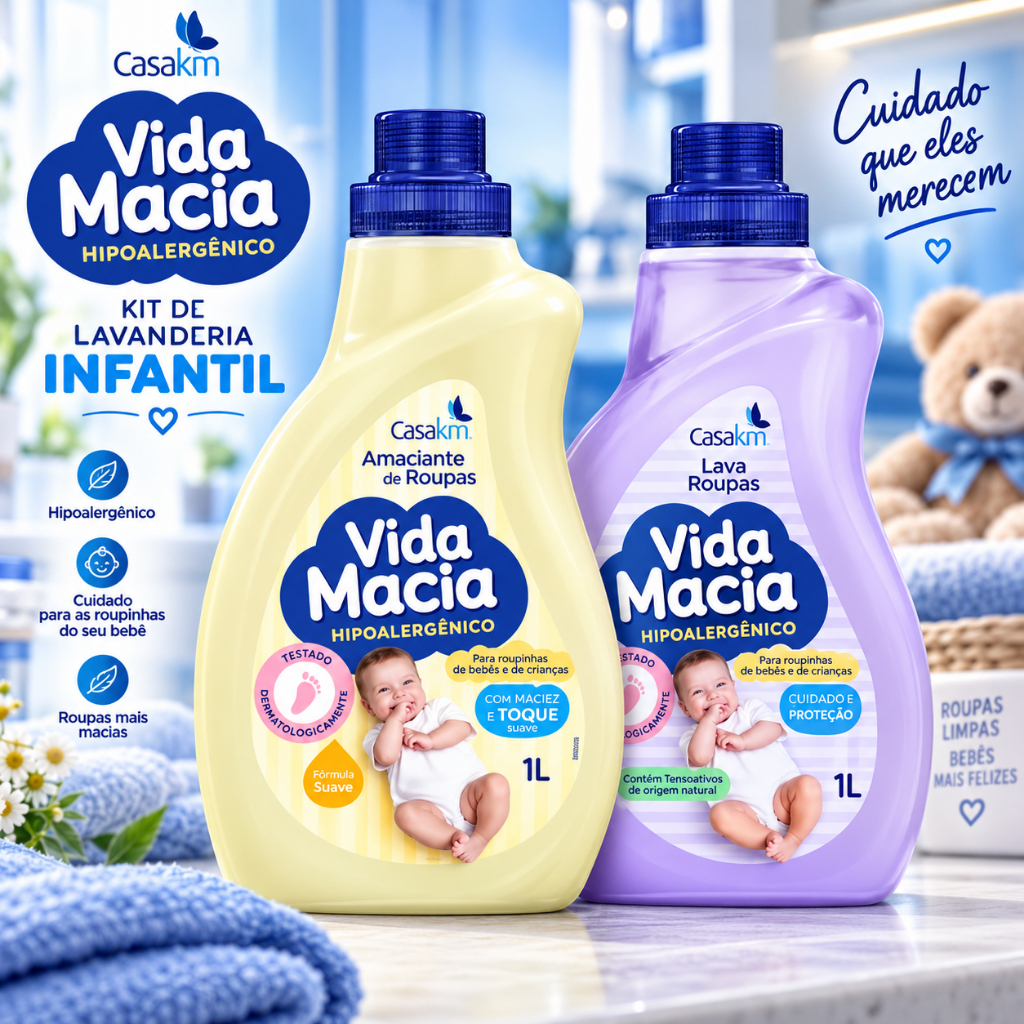 Kit Vida Macia Sabão Líquido Lava Roupas Bebê + Amaciante Glicerina Camomila Hipoalergênico Casa KM