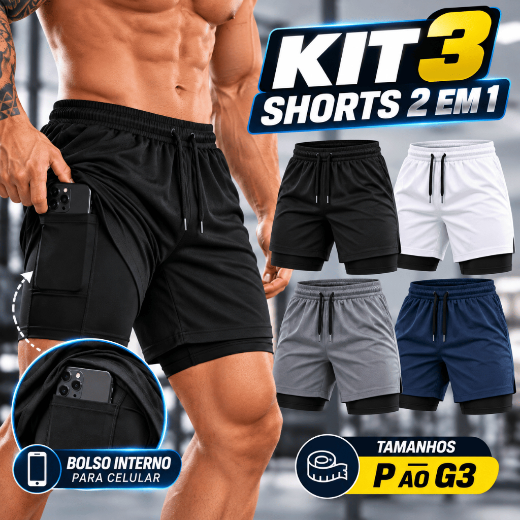 Kit 3 Shorts 2 em 1 Masculino Dry Fit com Bolso Interno Academia Corrida Treino P Ao G3 Plus Size Musculação Fitness