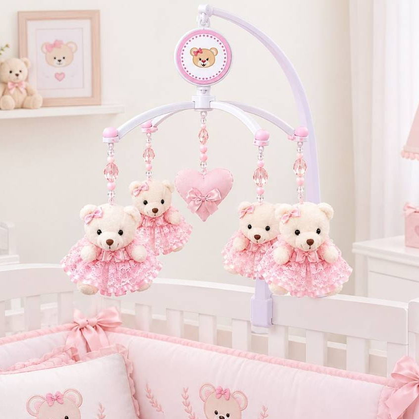 Móbile de Berço Ursinhas com Laço em Renda | Decoração Quarto Bebê Menina | 3 Cores