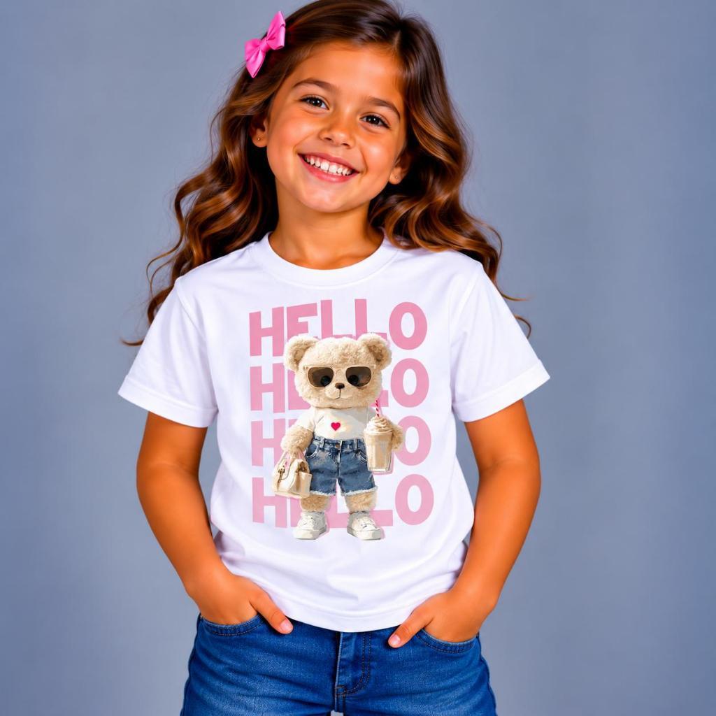 Camiseta Infantil Menina Ursinho Hello 100% Algodão Premium Camisa Feminina Infantil Presente - Envio Imediato