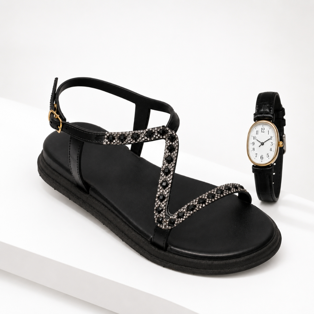 Sandália Papete Feminina Rasteira Brilho Strass Luxo  Elegante Moderna Ajuste Antiderrapante Relógio Retrô