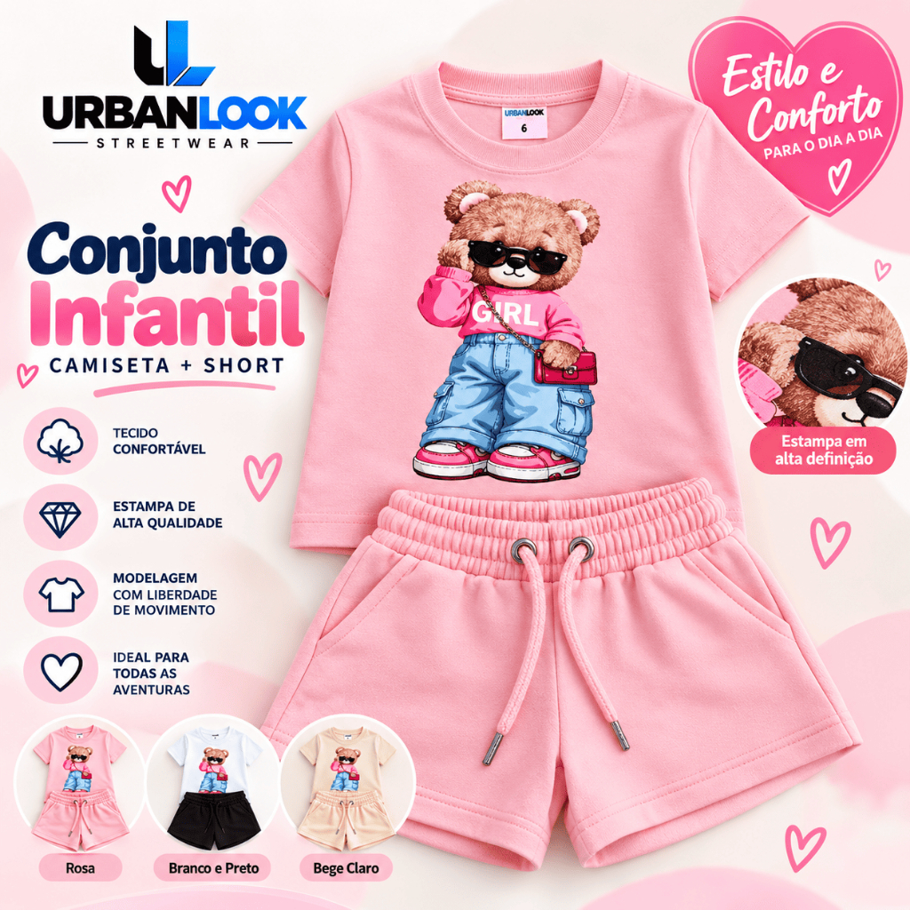 Conjunto Infantil Feminino Menina Camiseta Estampada Ursinha + Short Moletinho Confortável