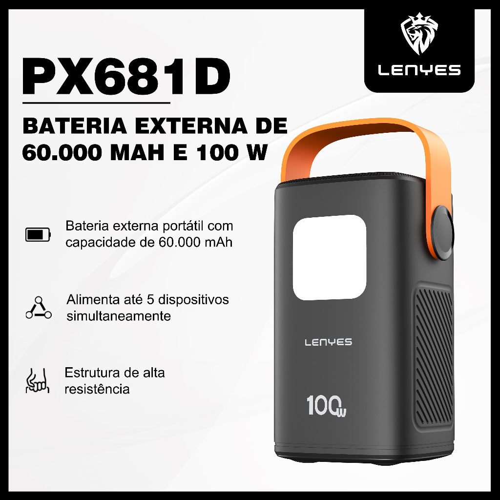 LENYES Power Bank 60000mAh 100W Carregador Portátil de Alta Capacidade - PX681D