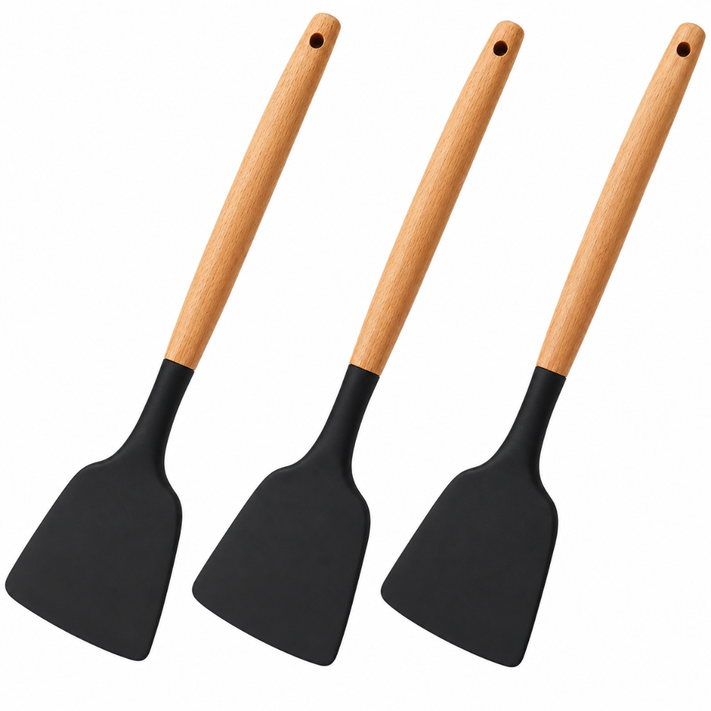 Kit 3 Espátulas de Silicone com Cabo de Madeira para Cozinha Resistente ao Calor 31,5cm Utensílio