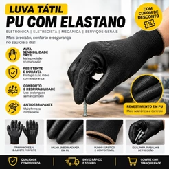 Luva Tátil PU com Elastano Aderente para Eletricista Eletrônica Mecânica e Obra