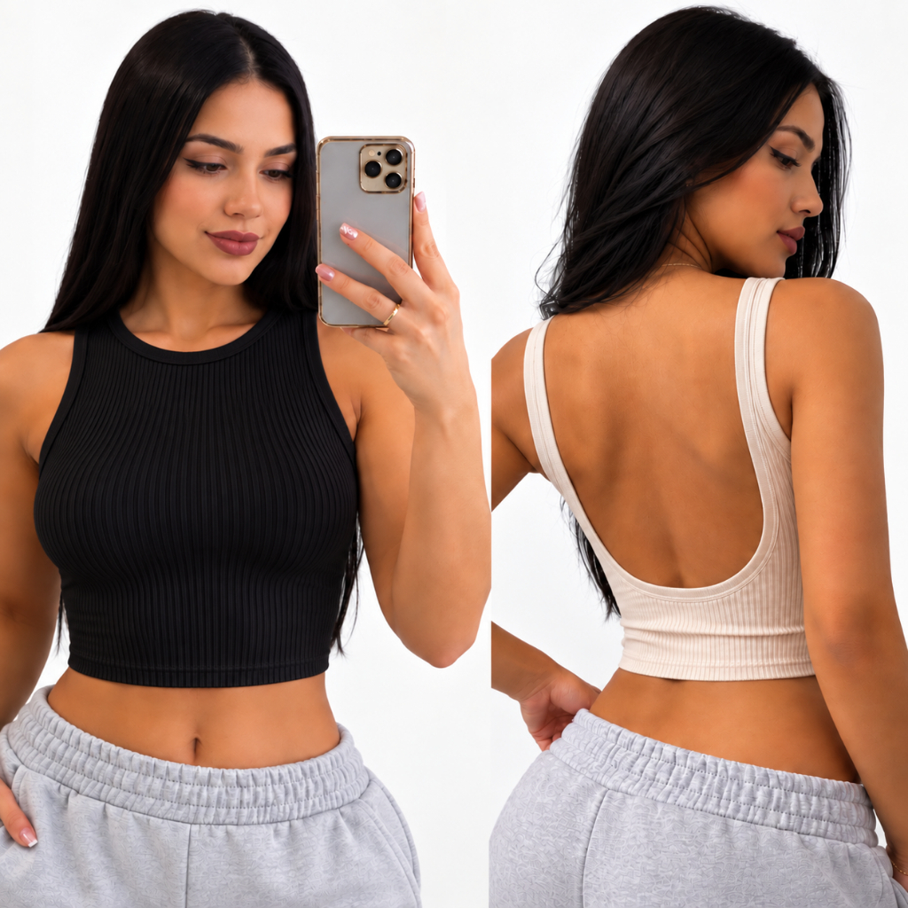 Regata Feminina Canelada Costas Abertas Cropped Blusinha Verão Academia Casual