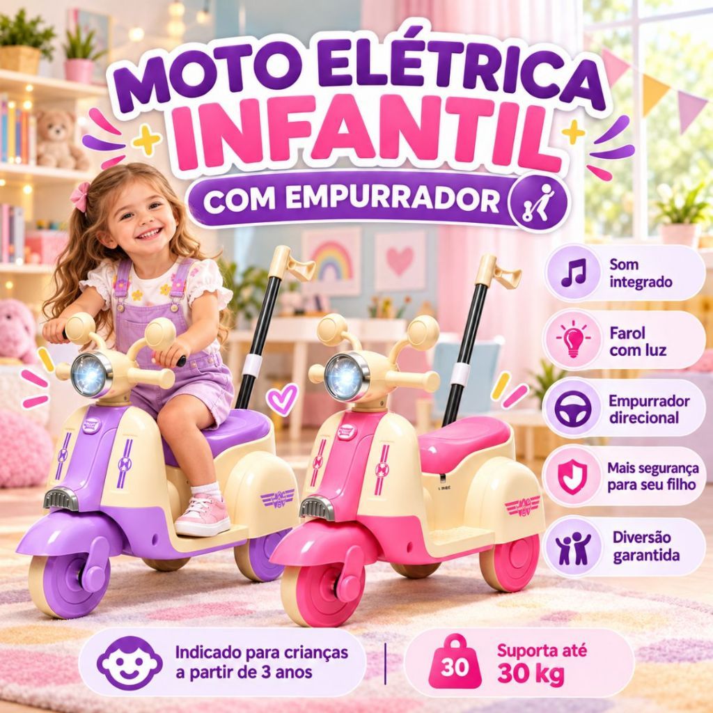 Moto Elétrica Infantil Rosa Meninas Com Farol Música USB E Empurrador Crianças A Partir De 3 Anos