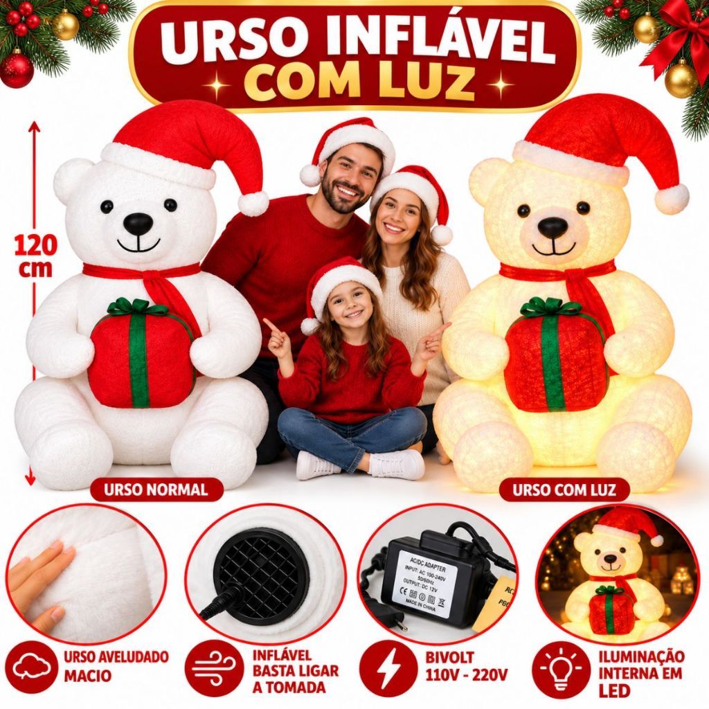 Urso Inflável Natalino Veludo Macio 120cm Luzes Led Bivolt Decoração Ursinho Decoração Festa Natal