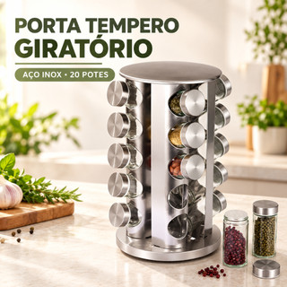 Porta Tempero Giratório 20 Potes Vidro e Inox Organizador de Condimentos Cozinha 360°