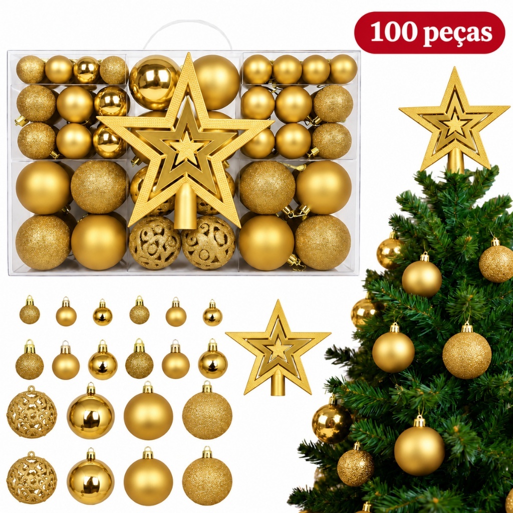 Kit 100 Bolas Natal Estrela Dourada Decoração Completa Grande Enfeite Artificial Arvore Natal Tippi