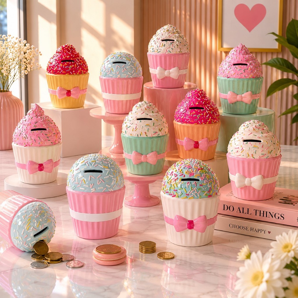 Cofrinho Cupcake de Cerâmica Decorativo Infantil Modelos Sortidos Coloridos 14cm