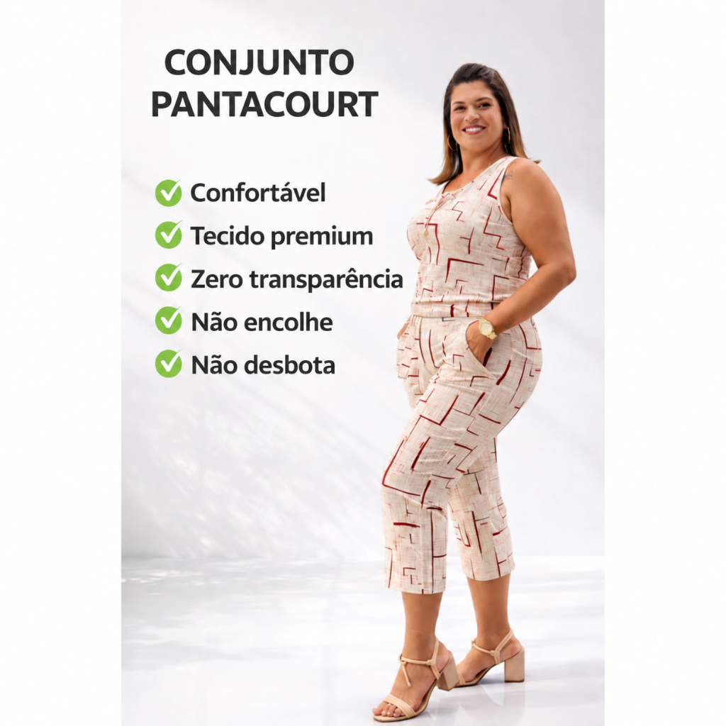 Conjunto Feminino Premium Blusa Regata e Calça pantacourt, branco vermelho, viscolycra do M ao XG