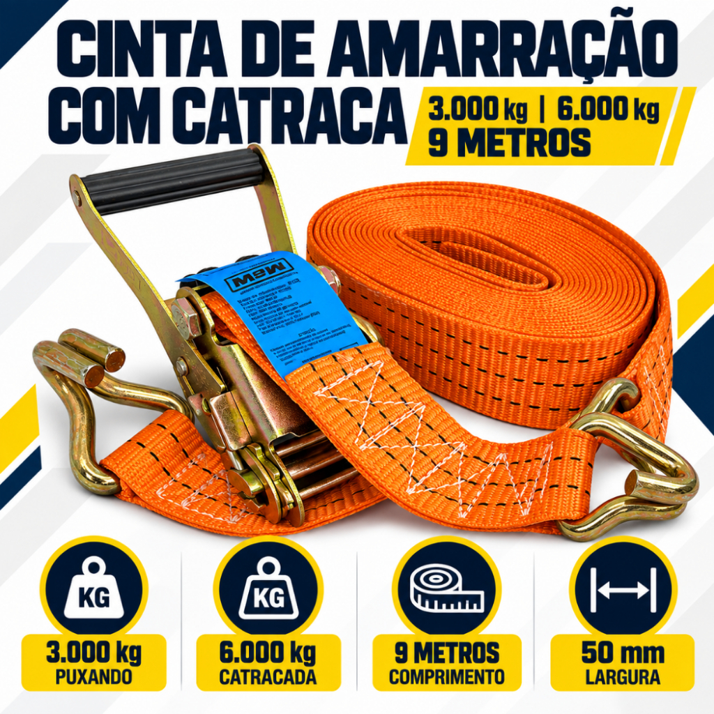 Cinta Catraca Carga 3/6 Toneladas 9 Metros Reforçada - Mave