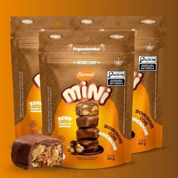 Kit com 3 Mini Bombom ao Leite com Amendoim Flormel Zero Açúcar 60g sem Glúten