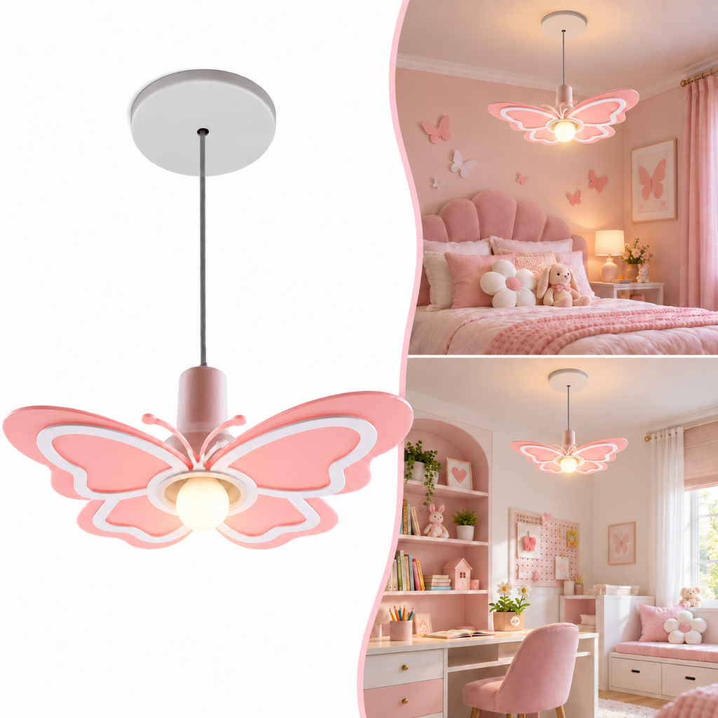 Luminária Borboleta Rosa Pendente Quarto Infantil Lustre Decoração Quarto de Menina Branco Bebê