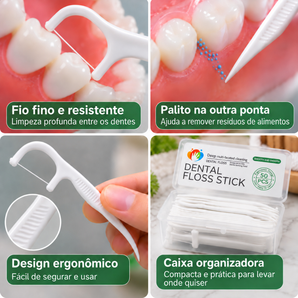 Fio Dental com Haste 50 Unidades Palito Dental 2 em 1 Higiene Bucal Limpeza Interdental · foto 2