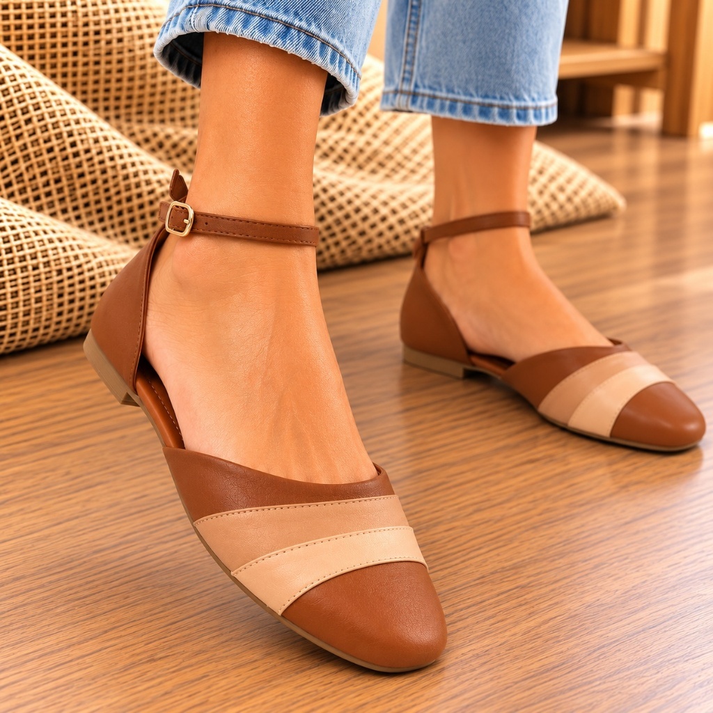 Sapatilha Feminina Bico Quadrado Tira no Tornozelo Confortável Casual Elegante