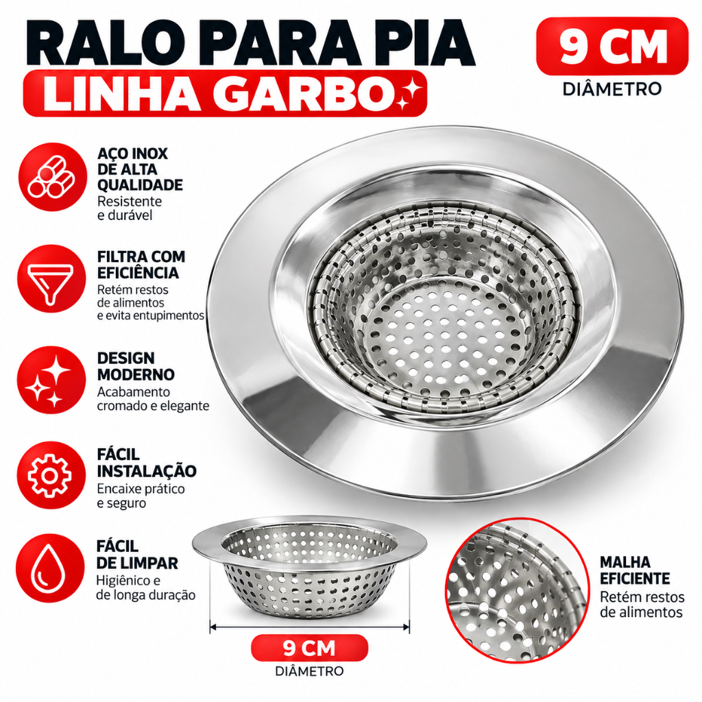 Ralo de Pia Inox Cesto Filtro Retém Resíduos 5,4cm 7cm ou 9cm