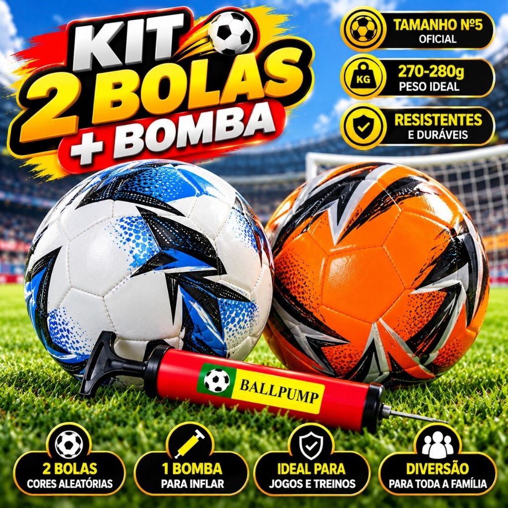 Kit 2 Bola de Futebol+1 Bomba de Ar Manual Portátil Para Encher Bola Tamanho Oficial Couro Sintético