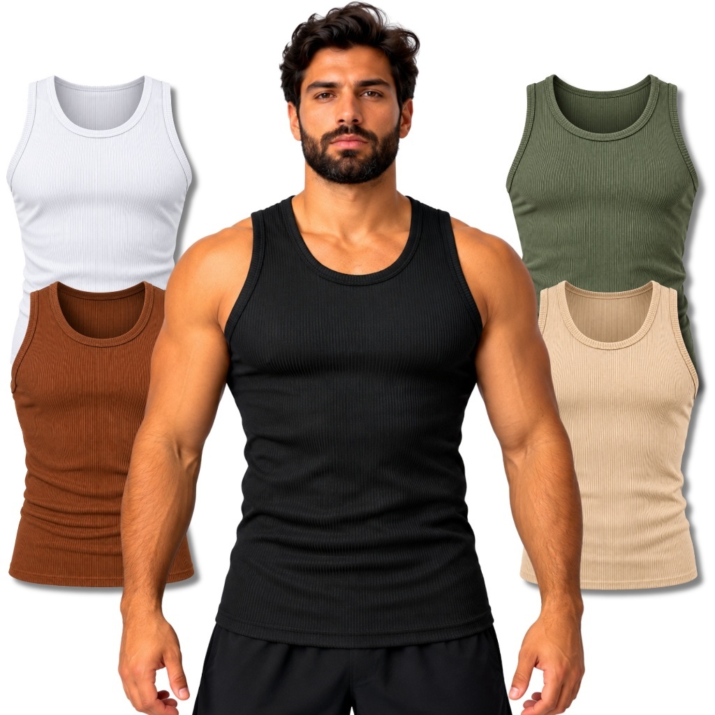 Kit Camiseta Regata Masculina Canelada Estilo Americano Slim Academia Treino Casual