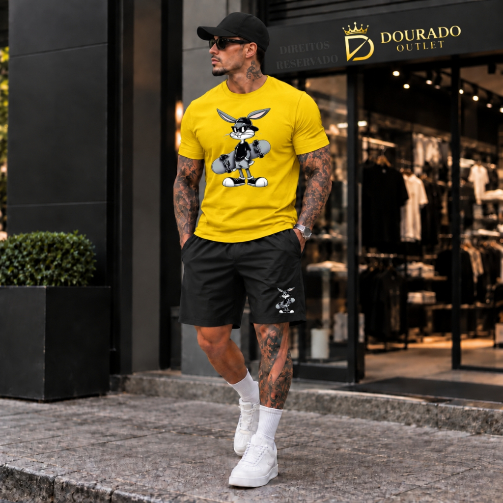 conjunto camiseta 100% algodão e bermuda tectel social praia coelho skate