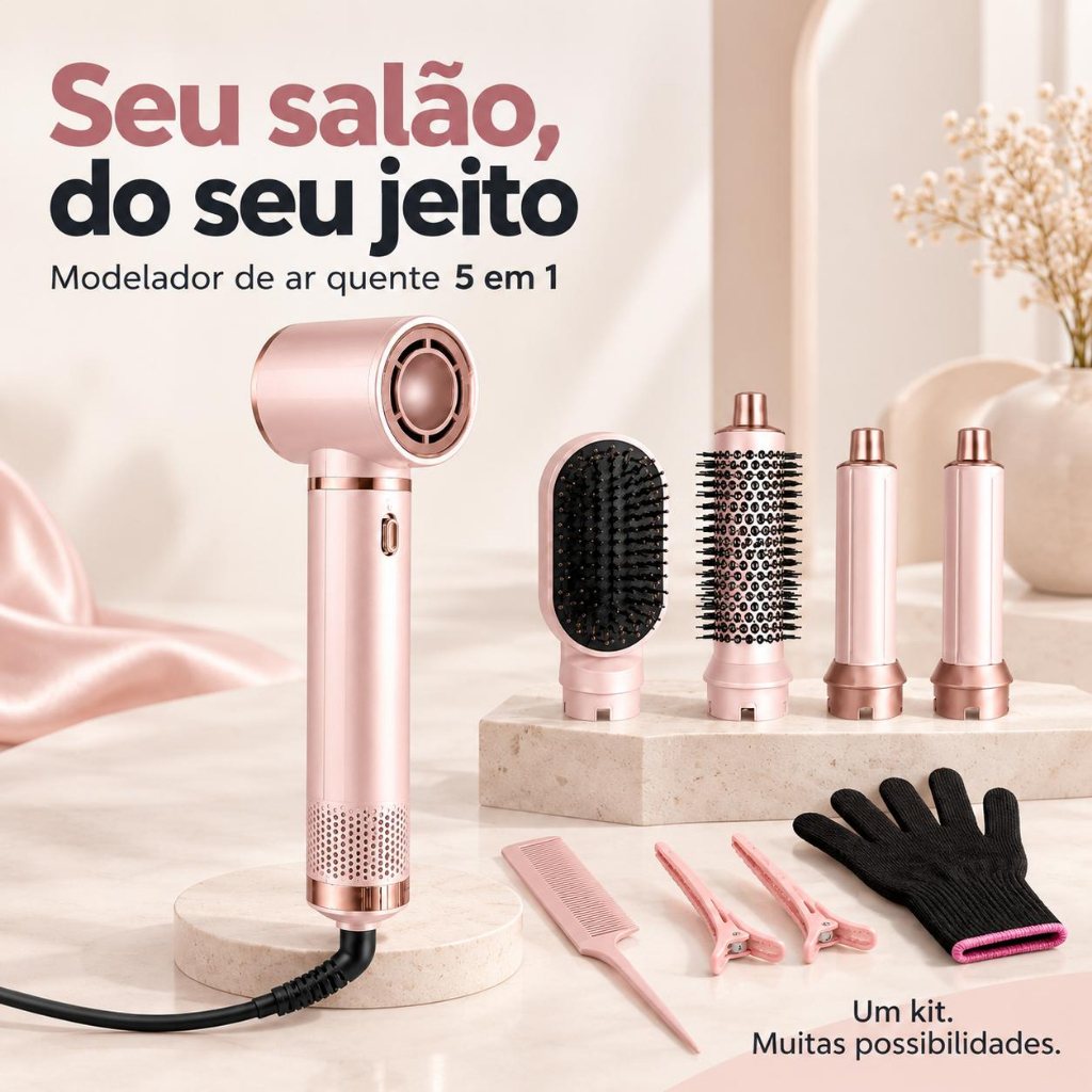 Escova Secadora Multifuncional 5 em 1 Modelador de Cachos a Ar Sistema de Envolvimento de Ar 110V/220V Presente