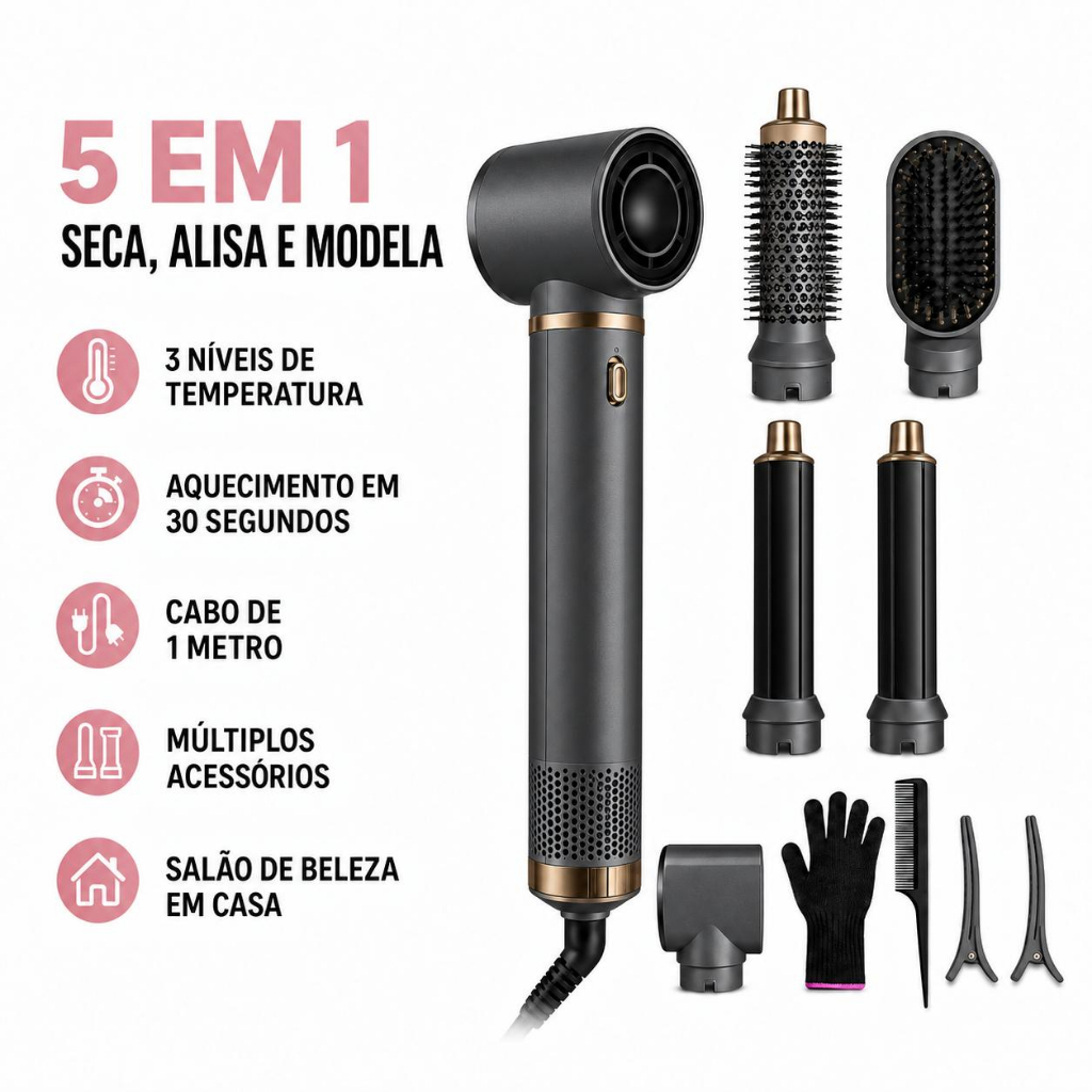 Escova Secadora Modeladora 5 em 1 Melhorada, Cachos a Ar com Envolvimento de Ar, 110V ou 220V, Funções Completas
