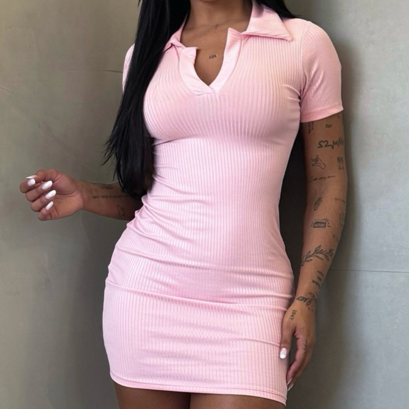Vestido Gola Polo Feminino Rosa Pastel Tubinho Manga Curta Canelado - P ao G1