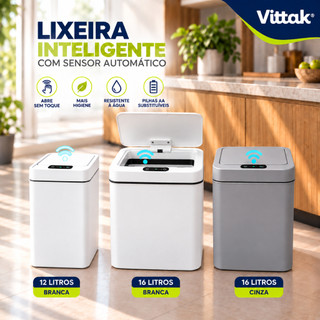 Vittak Lixeira Inteligente Com Sensor Automático 12 Litros e 16 Litros Abertura Sem Toque Tampa Silenciosa