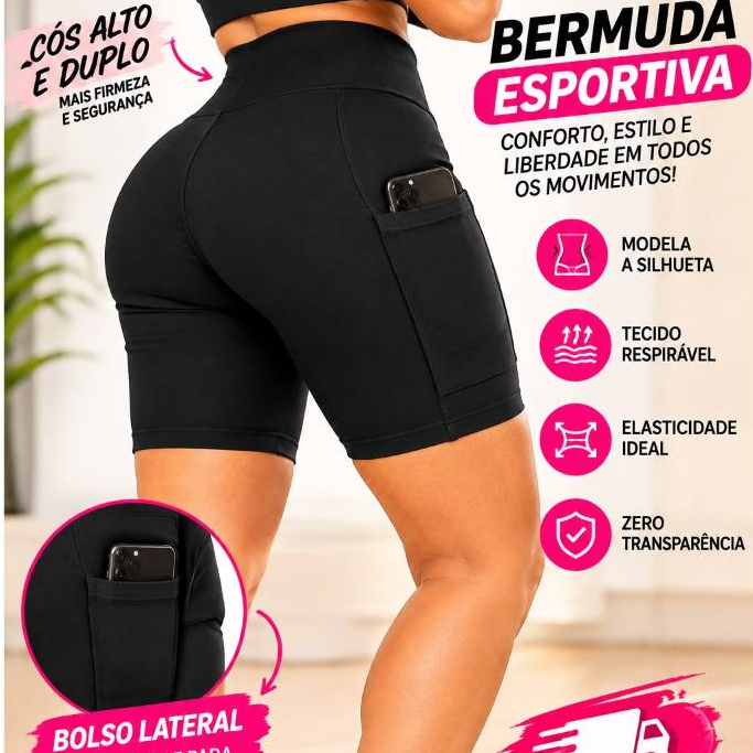 Bermuda Legging Feminina Fitness Academia Corrida Trein Cós Alto com Dois Bolso Lateral Tecido Grosso Zero Transparência