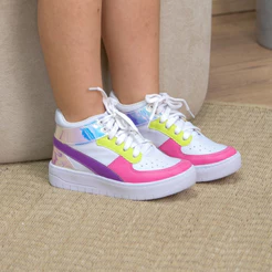 Tênis Infantil Menina Fashion Cano Alto Casual Colorido Branco Cadarço Solado Alto