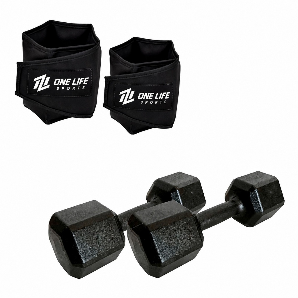 Kit Academia com Par de Halteres Sextavados 1kg e Caneleiras 1kg para Exercícios de Braços e Pernas em Casa