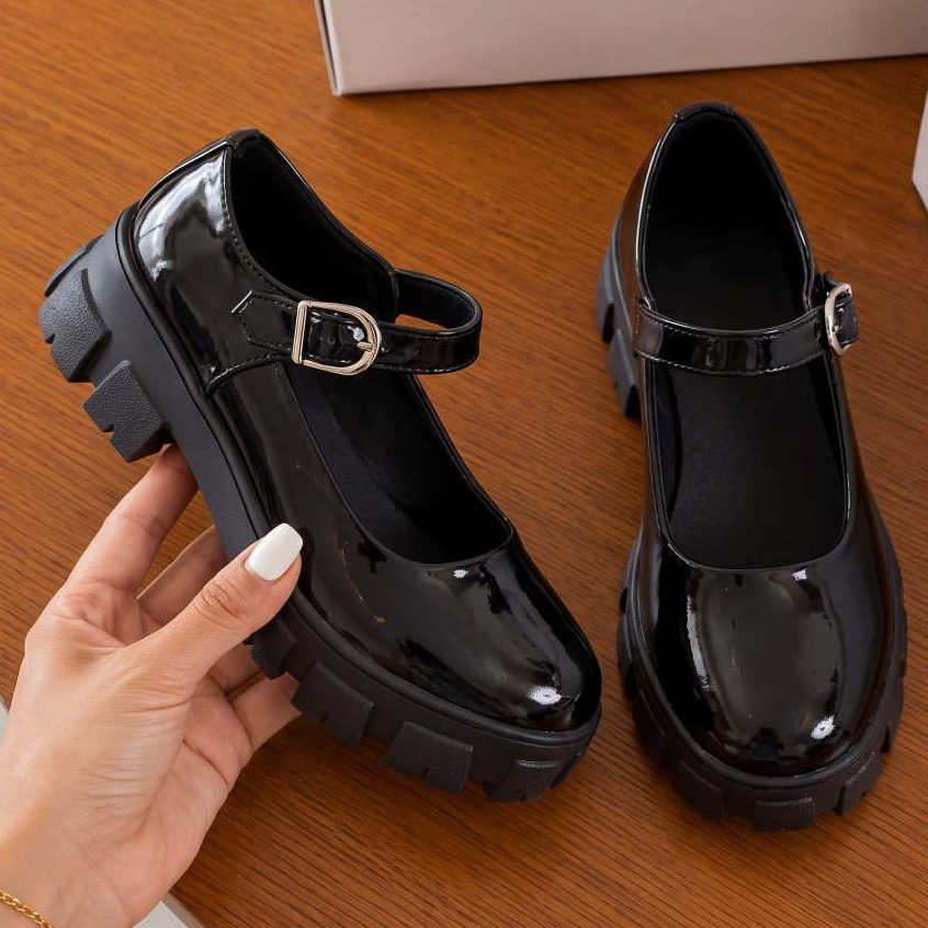 Sapato Mary Jane Feminino Salto Grosso Tratorado Sola Alta Fivela Ajustável Casual Moderno Fashion