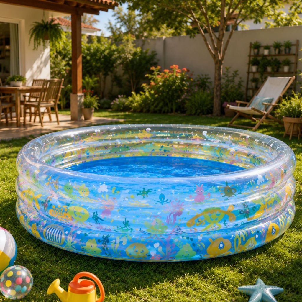 Piscina Inflável Infantil 3 Anéis Transparente 253 Litros Fundo Do Mar Para Crianças, Bebes, Campo, Praia Resistente