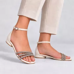 Sandália Feminina Rasteira Tiras Strass Off White Ramarim 2423208-6