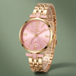 Relógio Feminino Dourado Rosé com Mostrador Rosa e Pulseira de Elos Elegante para Presente