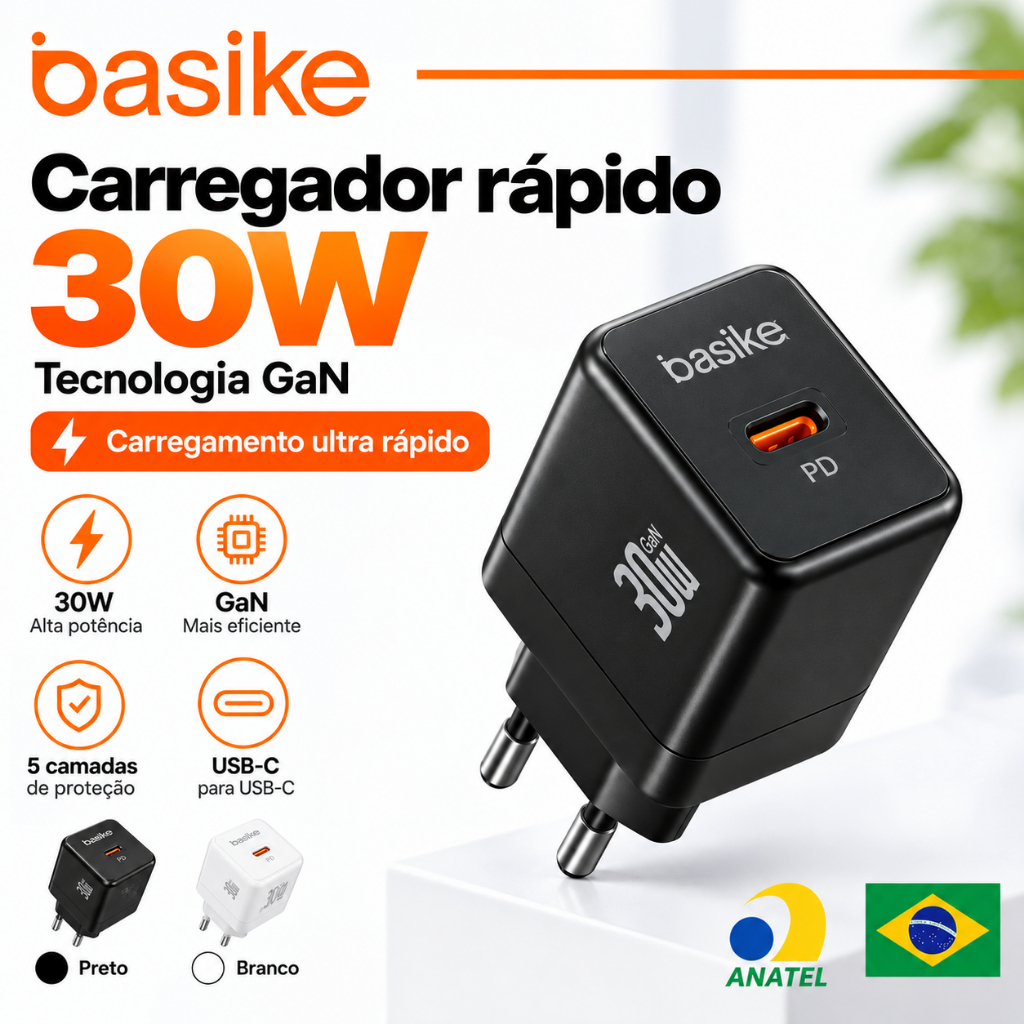Basike Carregador 30W GaN PD USB-C Turbo Fast Charge com Cabo iPhone Android