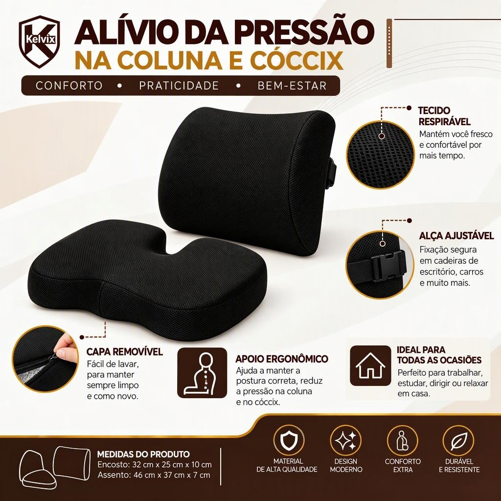 Kelvix Kit Almofada Cóccix e Apoio Lombar Espuma Memória, Suporte Ergonômico para Escritório e Automóvel