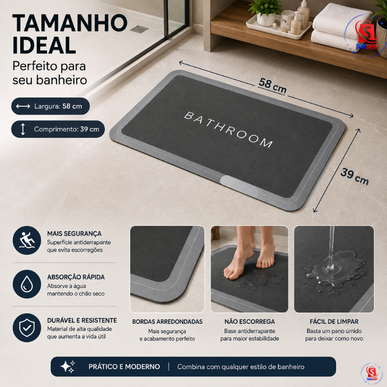 Tapete Banheiro Absorvente Antiderrapante Secagem Rápida Cozinha Lavável