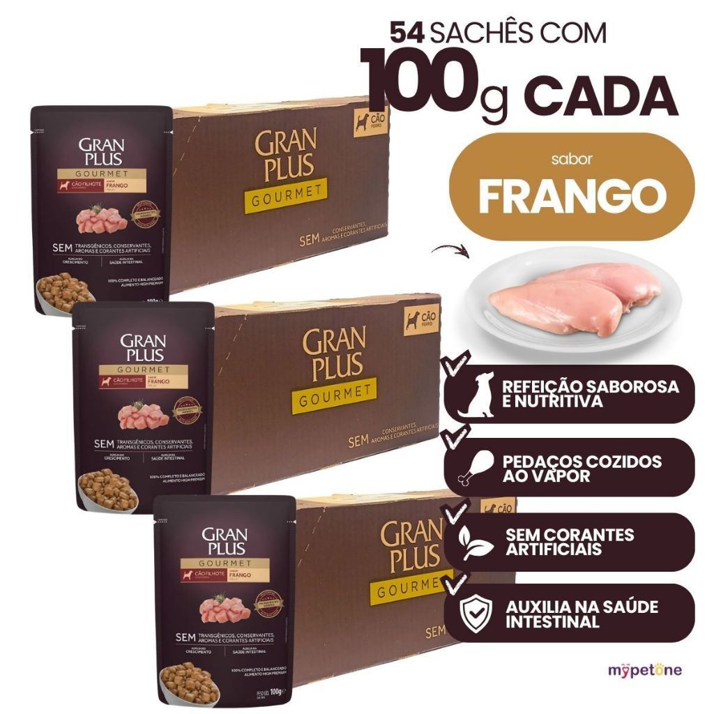 Ração Úmida Gran Plus Gourmet Sachê Gourmet Sabor Frango Cães Filhotes 100g Caixa Com 18, 32, 54 Ou 72