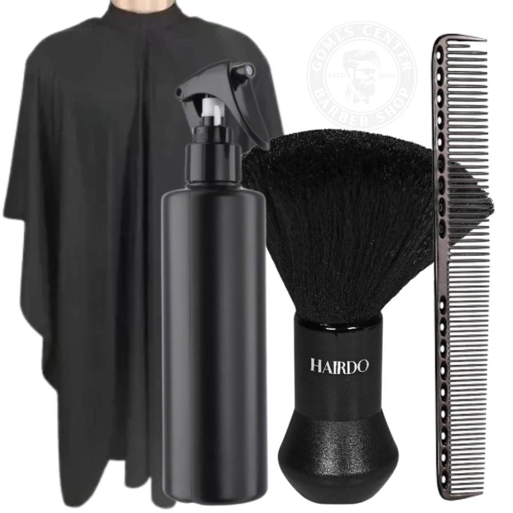 Kit Barbeiro Profissional Completo – Capa de Corte + Borrifador Liso + Espanador Bolinha+ Pente Carbono