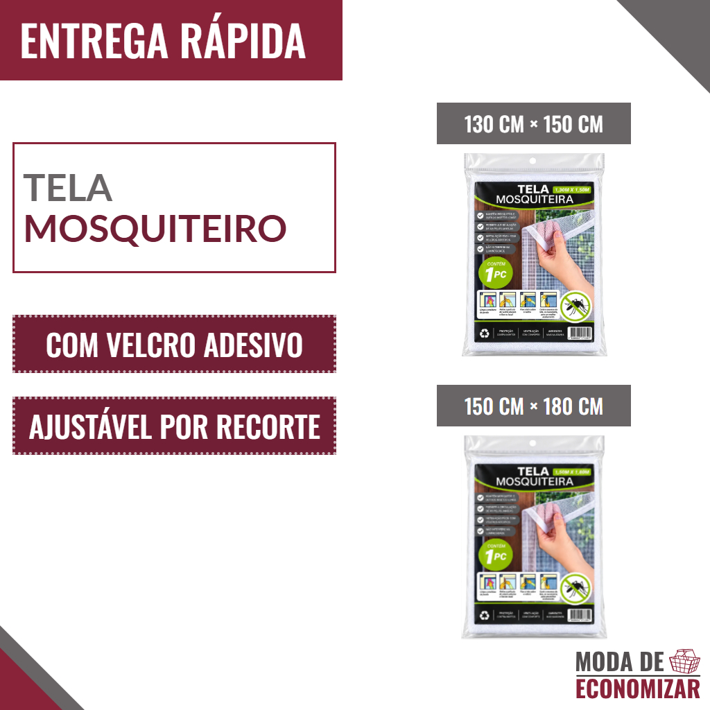 Tela Mosquiteira para Janela com Velcro Adesivo 130x150cm ou 150x180cm - 1, 2 ou 3 Unidades