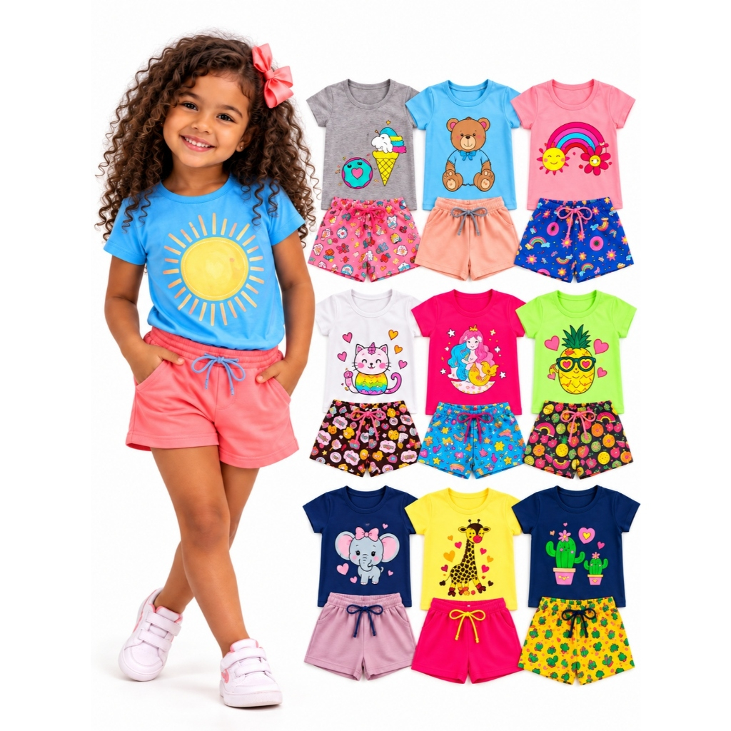 Conjunto Infantil Feminino Verão Estampa Sortida Camiseta/Regatinha e Bermuda/Short