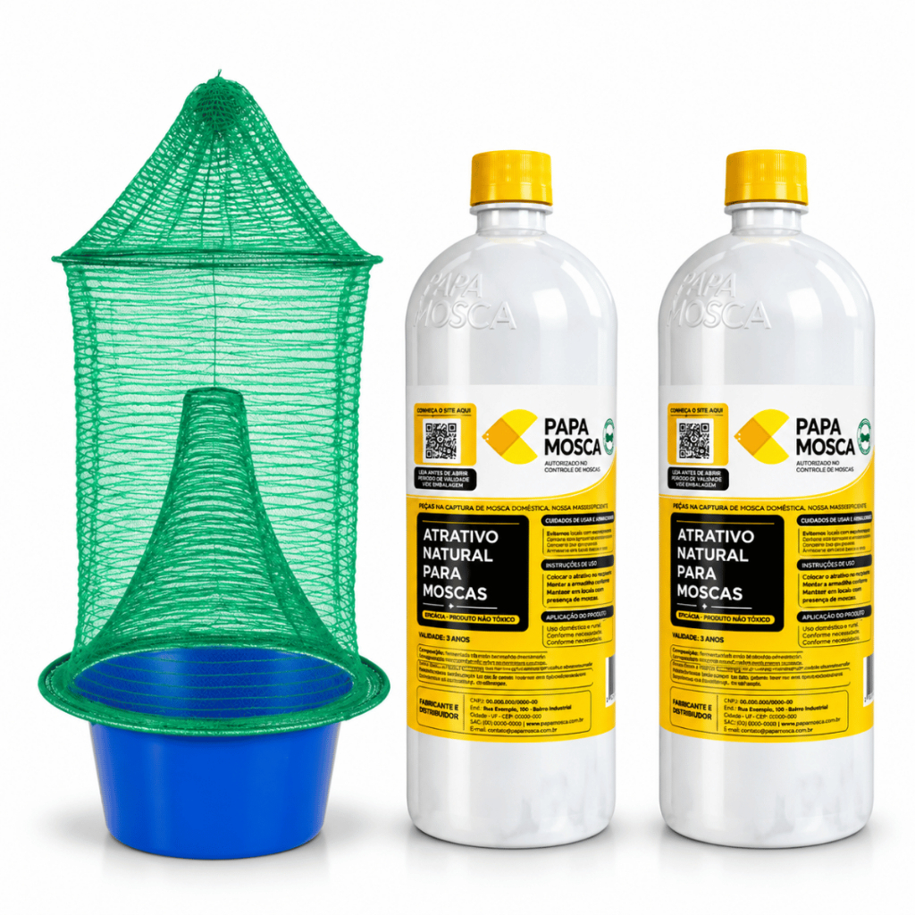 Kit 1 Armadilha de Tela Papa Mosca + 2 Atrativos Naturais 2L Papa Mosca Instantâneo Ecológico